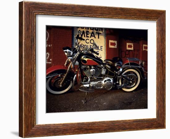 Motorcycle with Brick Wall and Graffiti-null-Framed Photographic Print