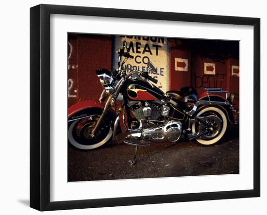 Motorcycle with Brick Wall and Graffiti-null-Framed Photographic Print