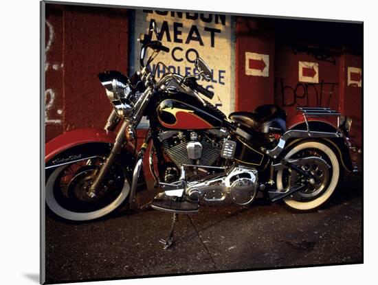 Motorcycle with Brick Wall and Graffiti-null-Mounted Photographic Print