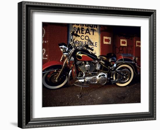 Motorcycle with Brick Wall and Graffiti-null-Framed Photographic Print