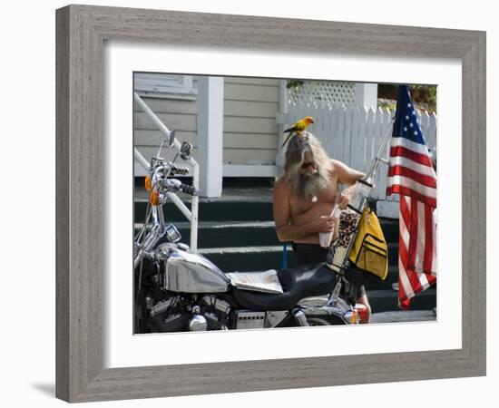 Motorcyclist with Bird on Head, Duval Street, Key West, Florida, USA-R H Productions-Framed Photographic Print