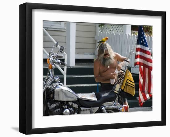 Motorcyclist with Bird on Head, Duval Street, Key West, Florida, USA-R H Productions-Framed Photographic Print