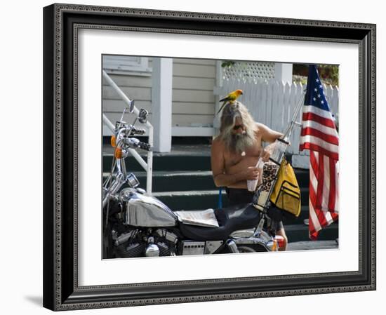 Motorcyclist with Bird on Head, Duval Street, Key West, Florida, USA-R H Productions-Framed Photographic Print