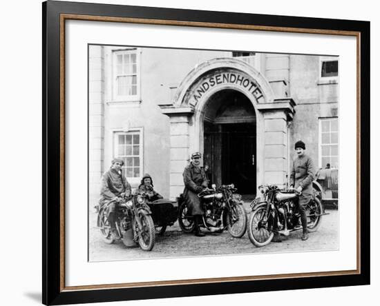 Motorcyclists with Mk1 Brough Superiors Outside the Land's End Hotel, Cornwall, 1921-null-Framed Photographic Print