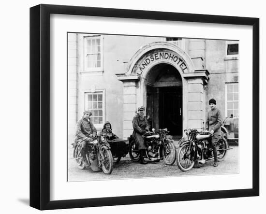 Motorcyclists with Mk1 Brough Superiors Outside the Land's End Hotel, Cornwall, 1921-null-Framed Photographic Print