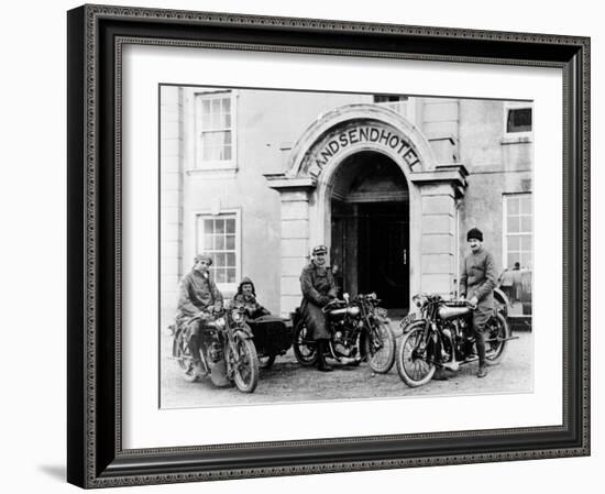 Motorcyclists with Mk1 Brough Superiors Outside the Land's End Hotel, Cornwall, 1921-null-Framed Photographic Print