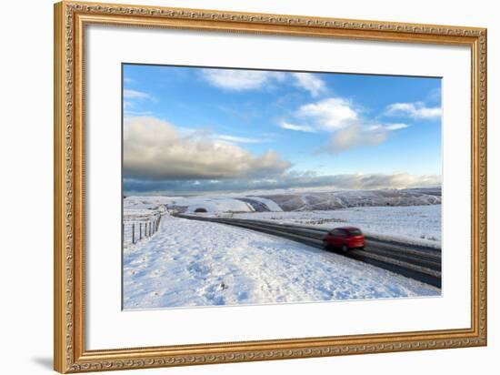 Motorists Negotiate the B4520 Road Between Brecon and Builth Wells on the Mynydd Epynt Moorland-Graham Lawrence-Framed Photographic Print