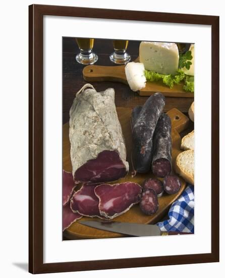 Motsetta (Mocetta), Chamois/Beef Meat Salted, Seasoned,Dried, Boudin Sausages, Goat Cheese, Italy-Nico Tondini-Framed Photographic Print