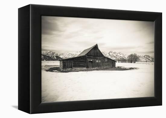 Moulton Barn and Tetons in winter, Grand Teton National Park, Wyoming, USA-Russ Bishop-Framed Premier Image Canvas
