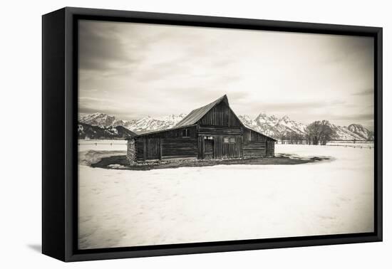 Moulton Barn and Tetons in winter, Grand Teton National Park, Wyoming, USA-Russ Bishop-Framed Premier Image Canvas