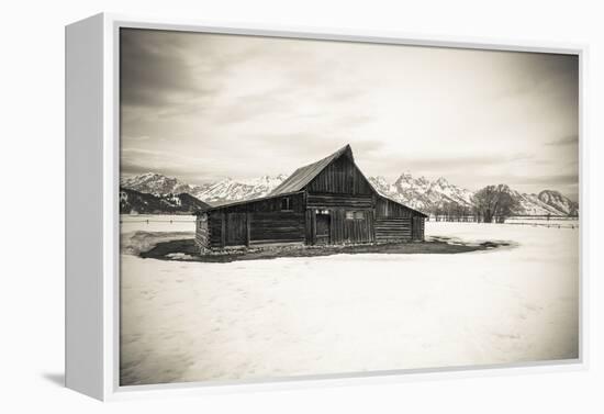 Moulton Barn and Tetons in winter, Grand Teton National Park, Wyoming, USA-Russ Bishop-Framed Premier Image Canvas