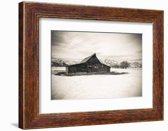 Moulton Barn and Tetons in winter, Grand Teton National Park, Wyoming, USA-Russ Bishop-Framed Photographic Print