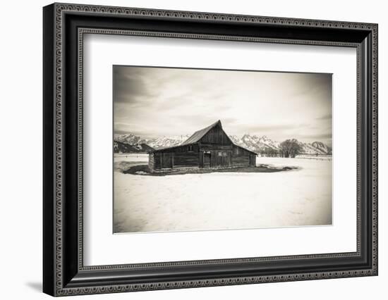 Moulton Barn and Tetons in winter, Grand Teton National Park, Wyoming, USA-Russ Bishop-Framed Photographic Print