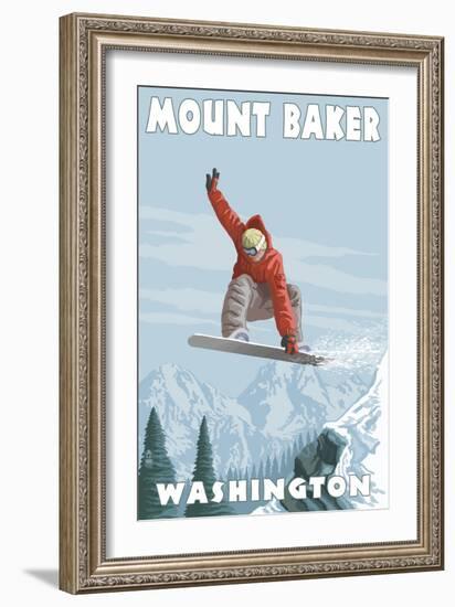 Mount Baker, Washington - Snowboarder Jumping-Lantern Press-Framed Art Print