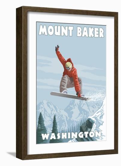 Mount Baker, Washington - Snowboarder Jumping-Lantern Press-Framed Art Print