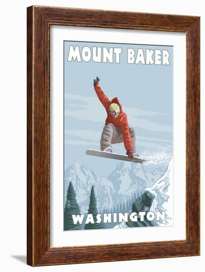 Mount Baker, Washington - Snowboarder Jumping-Lantern Press-Framed Art Print