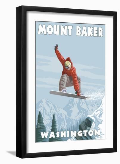 Mount Baker, Washington - Snowboarder Jumping-Lantern Press-Framed Art Print