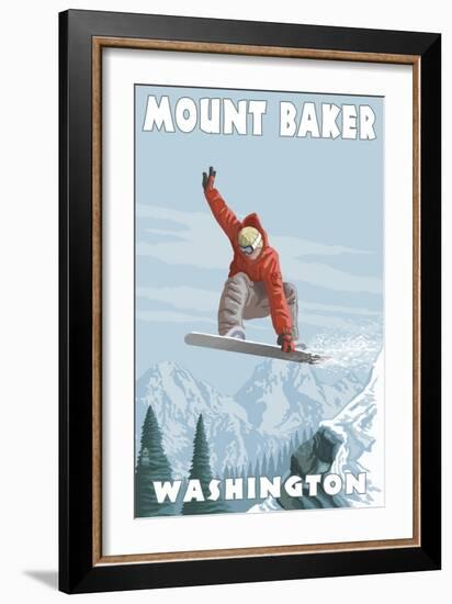 Mount Baker, Washington - Snowboarder Jumping-Lantern Press-Framed Art Print