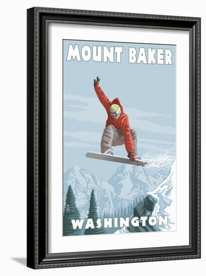 Mount Baker, Washington - Snowboarder Jumping-Lantern Press-Framed Art Print