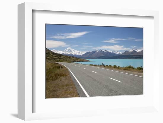 Mount Cook and Lake Pukaki with Empty Mount Cook Road, Mount Cook National Park, Canterbury Region-Stuart Black-Framed Photographic Print