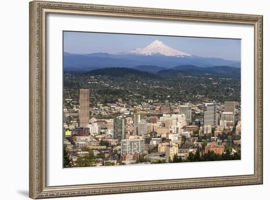 Mount Hood Looms over Downtown Portland, Oregon, USA-Chuck Haney-Framed Photographic Print