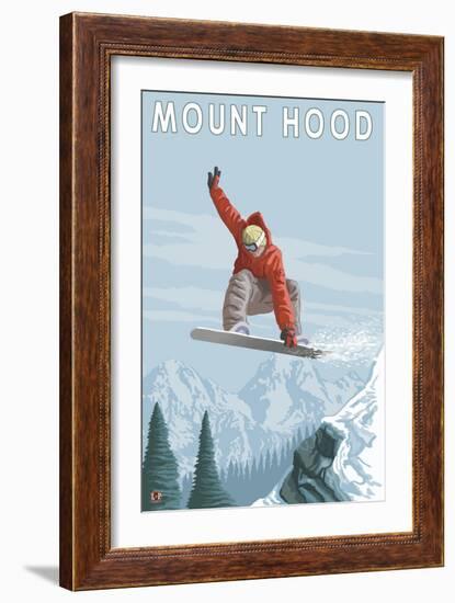 Mount Hood, Oregon, Snowboarder Jumping-Lantern Press-Framed Premium Giclee Print