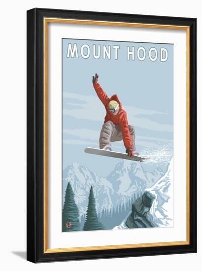 Mount Hood, Oregon, Snowboarder Jumping-Lantern Press-Framed Premium Giclee Print