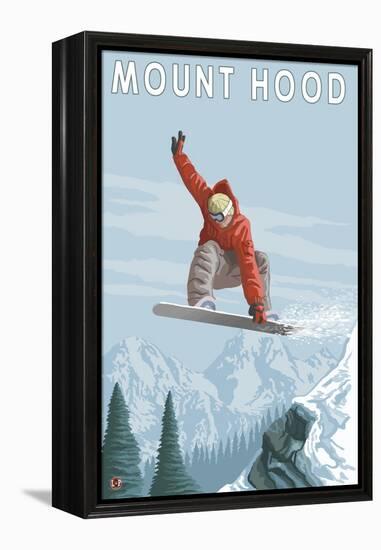 Mount Hood, Oregon, Snowboarder Jumping-Lantern Press-Framed Stretched Canvas