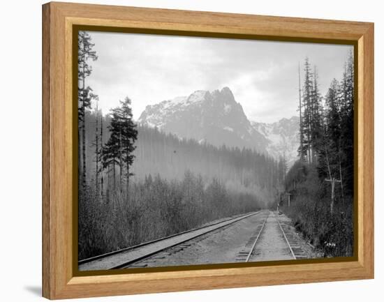 Mount Index and Great Northern Tracks at Index, 1906-Asahel Curtis-Framed Premier Image Canvas