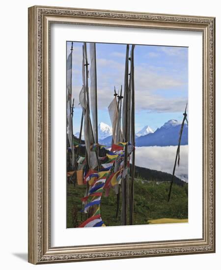 Mount Jumolhari at 7300M Seen Through Prayer Flags from Chelela Pass, Bhutan-Tom Norring-Framed Photographic Print