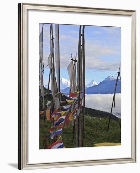Mount Jumolhari at 7300M Seen Through Prayer Flags from Chelela Pass, Bhutan-Tom Norring-Framed Photographic Print