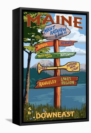Mount Katahdin, Maine - Sign Destinations-Lantern Press-Framed Stretched Canvas
