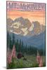 Mount McKinley, Alaska - Bear and Cubs Spring Flowers-Lantern Press-Mounted Art Print