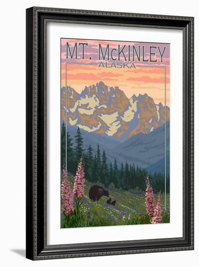 Mount McKinley, Alaska - Bear and Cubs Spring Flowers-Lantern Press-Framed Art Print