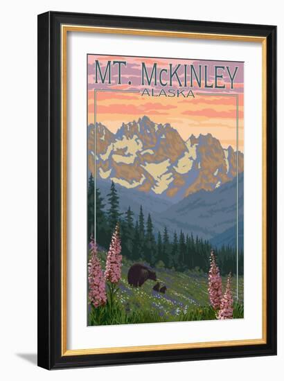 Mount McKinley, Alaska - Bear and Cubs Spring Flowers-Lantern Press-Framed Art Print