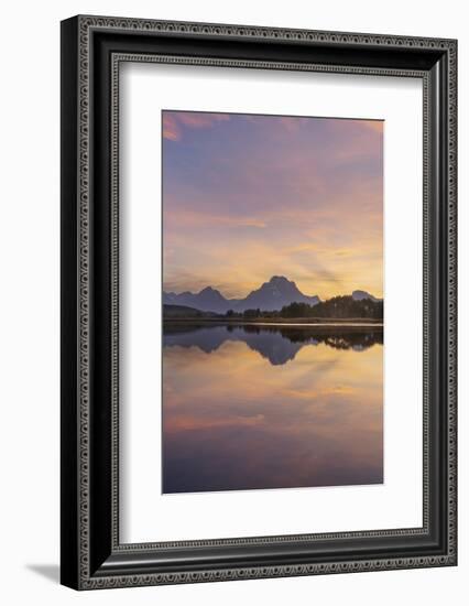 Mount Moran and clouds glowing red and orange at Oxbow Bend, Grand Teton National Park, Wyoming.-Alan Majchrowicz-Framed Photographic Print