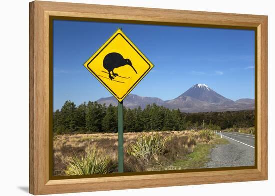 Mount Ngauruhoe with Kiwi Crossing Sign-Stuart-Framed Premier Image Canvas