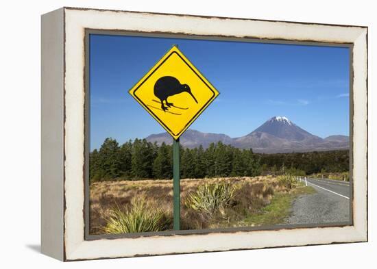 Mount Ngauruhoe with Kiwi Crossing Sign-Stuart-Framed Premier Image Canvas