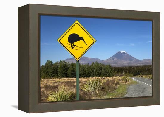 Mount Ngauruhoe with Kiwi Crossing Sign-Stuart-Framed Premier Image Canvas