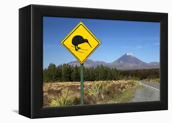 Mount Ngauruhoe with Kiwi Crossing Sign-Stuart-Framed Premier Image Canvas
