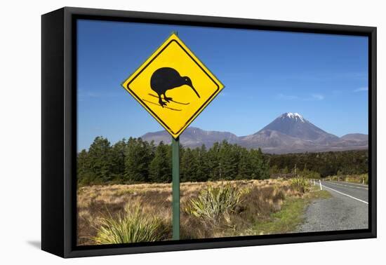 Mount Ngauruhoe with Kiwi Crossing Sign-Stuart-Framed Premier Image Canvas