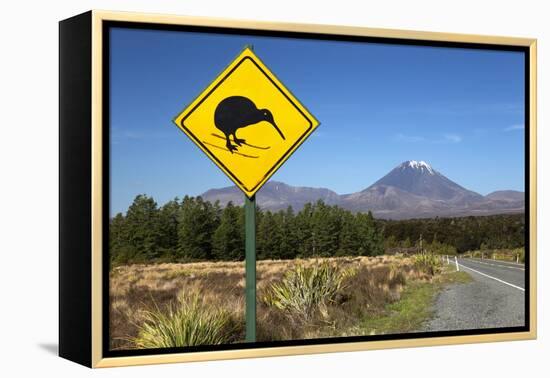 Mount Ngauruhoe with Kiwi Crossing Sign-Stuart-Framed Premier Image Canvas