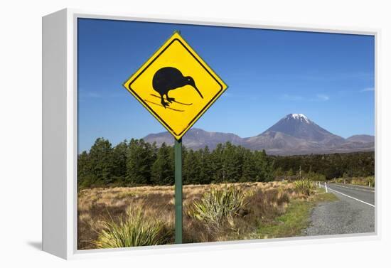 Mount Ngauruhoe with Kiwi Crossing Sign-Stuart-Framed Premier Image Canvas