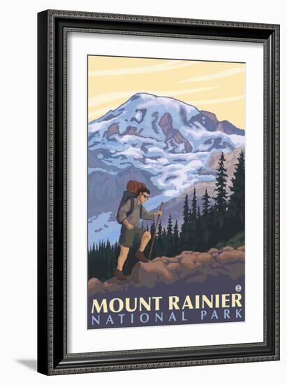 Mount Rainier, Hiker-Lantern Press-Framed Art Print