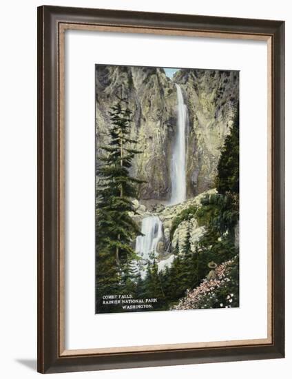 Mount Rainier Nat'l Park, Washington - View of Comet Falls, c.1912-Lantern Press-Framed Art Print