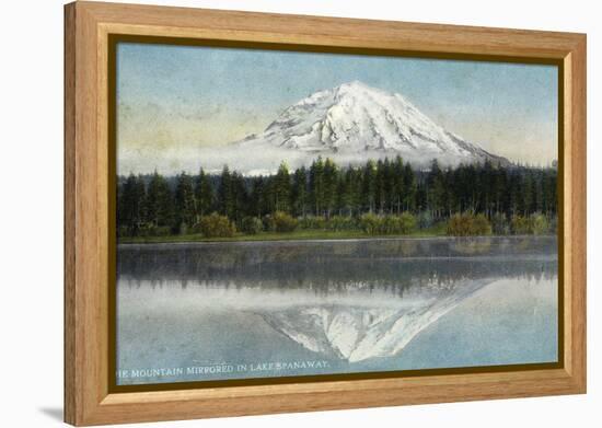 Mount Rainier Nat'l Park, Washington - View of Mt. Rainier Mirrored in Lake Spanaway, c.1912-Lantern Press-Framed Stretched Canvas