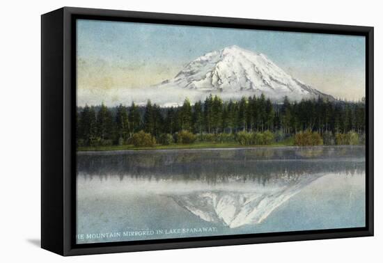 Mount Rainier Nat'l Park, Washington - View of Mt. Rainier Mirrored in Lake Spanaway, c.1912-Lantern Press-Framed Stretched Canvas