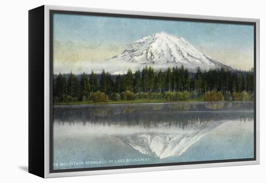 Mount Rainier Nat'l Park, Washington - View of Mt. Rainier Mirrored in Lake Spanaway, c.1912-Lantern Press-Framed Stretched Canvas