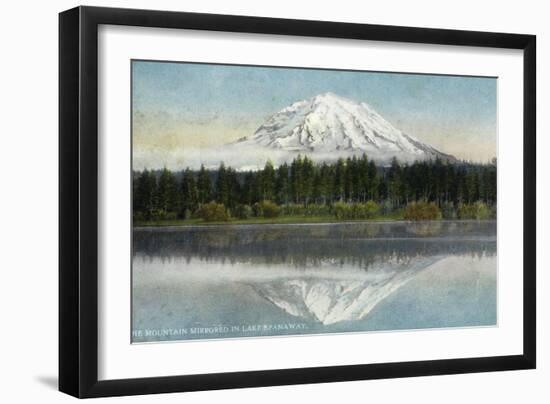 Mount Rainier Nat'l Park, Washington - View of Mt. Rainier Mirrored in Lake Spanaway, c.1912-Lantern Press-Framed Art Print