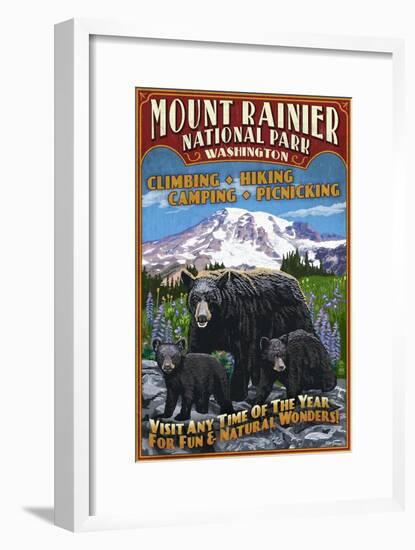 Mount Rainier National Park - Bear Family Vintage Sign-Lantern Press-Framed Art Print